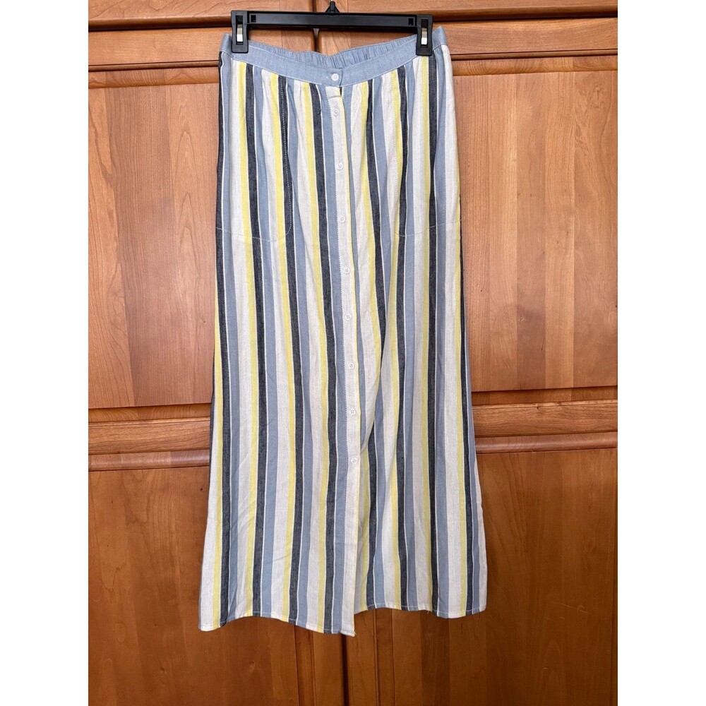 MAX STUDIO Skirt Long Linen Rayon Stripe White Yellow Blue + Navy Front Button S